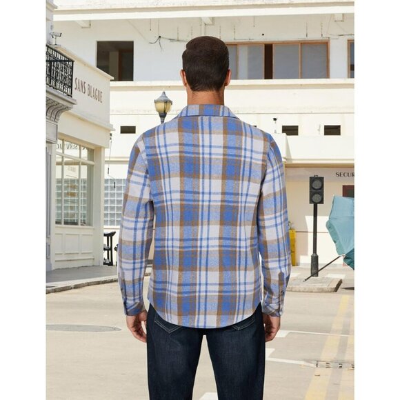 Coofandy Men Light Blue Flannel Plaid Button Down Jacket Shirt with Pockets - Picture 3 of 5